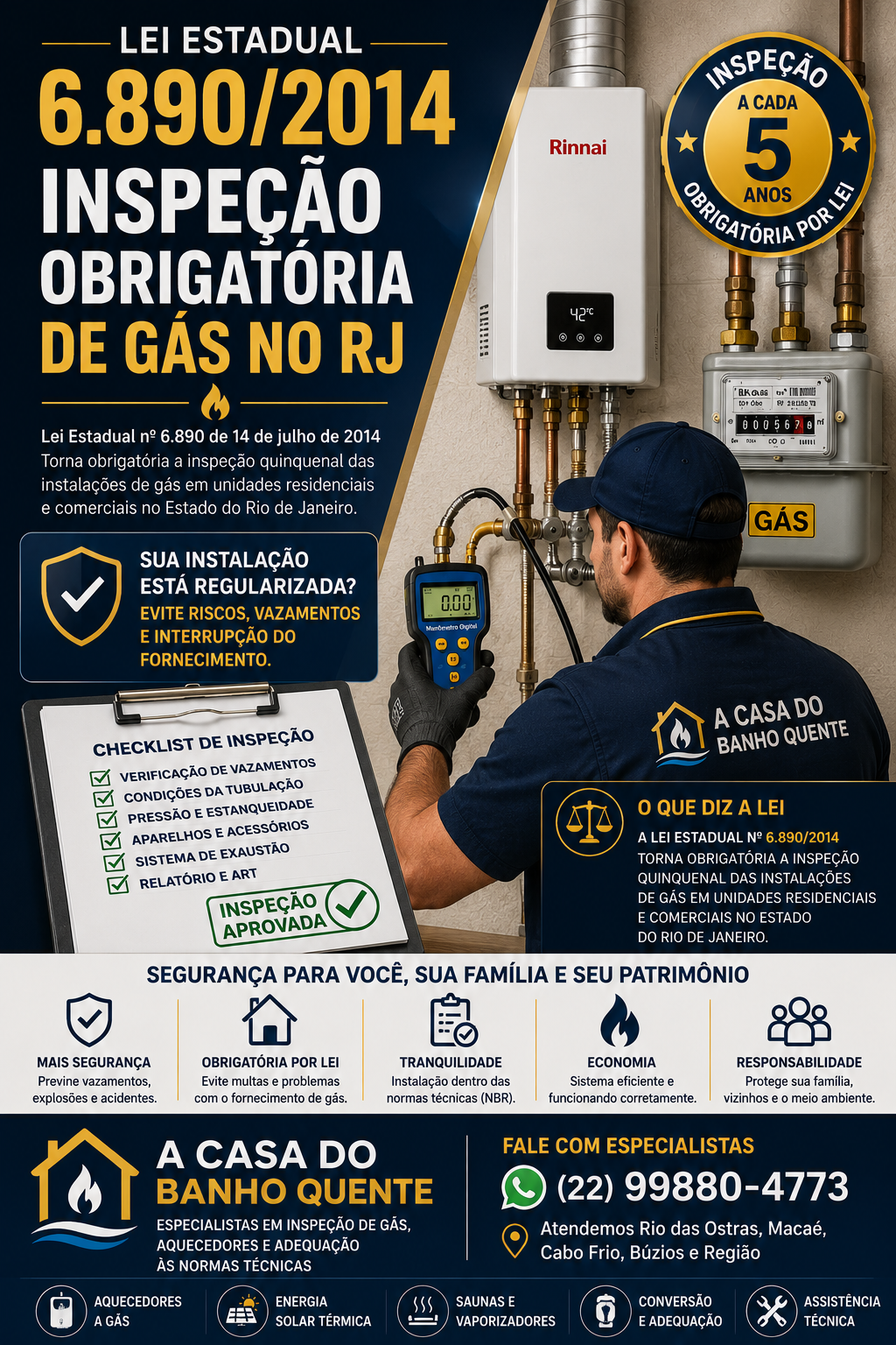 Lei Estadual 6.890/2014 - inspeção obrigatória de gás no RJ pela A CASA DO BANHO QUENTE